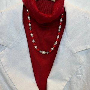 Radiant Red Ceramic and Pearl Necklace with Drop Earrings Set NWT